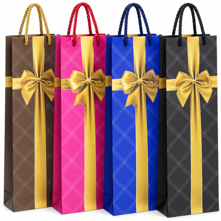 Accesorii petrecere - Set 4 pungi cadou pentru sticlă 12×35×9 cm – Fundă aurie, diverse culori