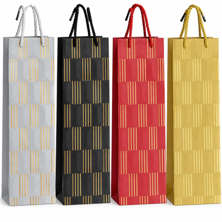 Accesorii petrecere - Set 4 pungi cadou premium pentru sticlă 12×35×9 cm – Linii aurii, diverse culori