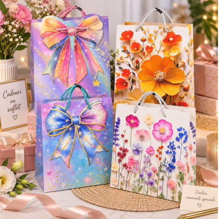Set 4 Pungi Cadou Premium cu Fundă și Flori, 25 × 31 cm [1]