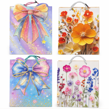 Accesorii petrecere - Set 4 Pungi Cadou Premium cu Fundă și Flori, 25 × 31 cm