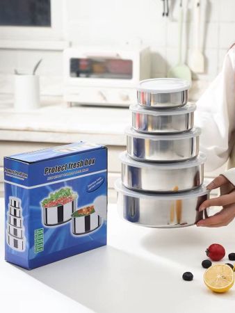 Ustensile bucătărie - Set 5 caserole cu capac pentru depozitarea alimentelor,inox