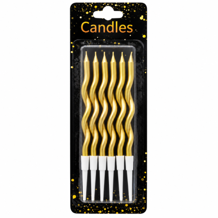 Accesorii petrecere - Set 6 lumânări aniversare ondulate aurii cu suporturi pentru tort