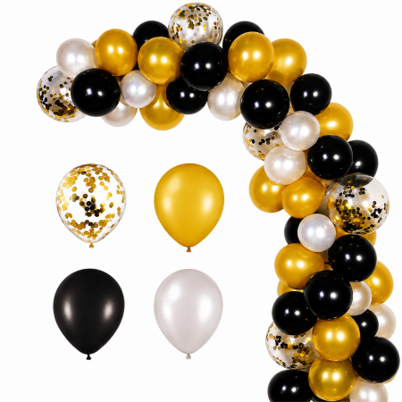 Hobby - Set arcadă baloane auriu, negru și alb cu confetti – 41 Piese