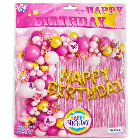 Accesorii petrecere - Set arcadă baloane Happy Birthday roz – 57 Piese