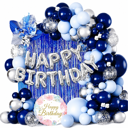 Accesorii petrecere - Set arcadă baloane Happy Birthday albastru/argintiu – 57 Piese