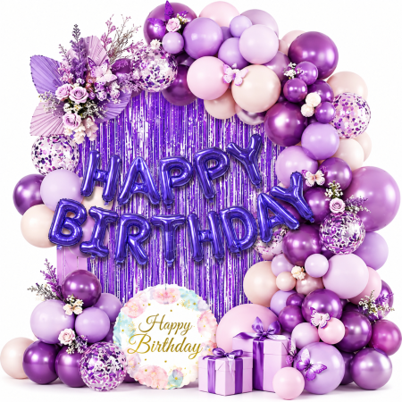 Accesorii petrecere - Set arcadă baloane Happy Birthday mov/lila – 57 Piese