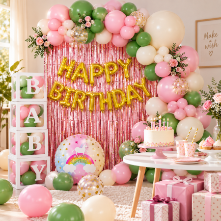 Accesorii petrecere - Set arcadă baloane Happy Birthday roz / verde– 57 Piese