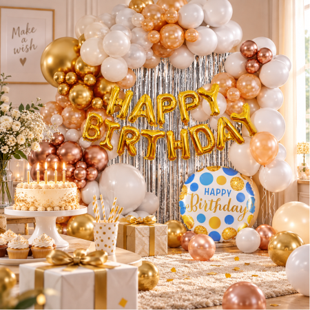 Accesorii petrecere - Set arcadă baloane Happy Birthday alb / auriu– 57 Piese