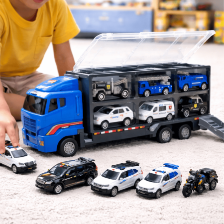 Jucării copii & bebe - Set camion transport cu 6 mașinuțe metalice de poliție