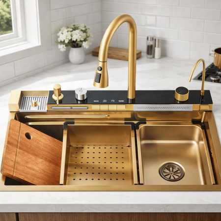Bucătărie & Servire - Set chiuvetă multifuncțională smart, inox auriu, afișaj digital