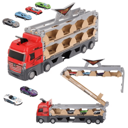 Set Jucărie camion trailer pentru transport maşinuţe de curse, catapultare vehicule, platformă si pistă de curse [2]