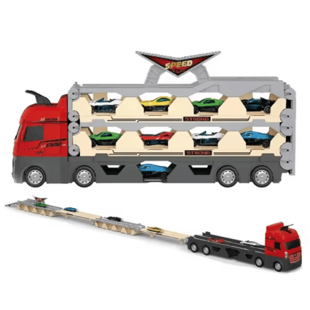 Set Jucărie camion trailer pentru transport maşinuţe de curse, catapultare vehicule, platformă si pistă de curse [1]
