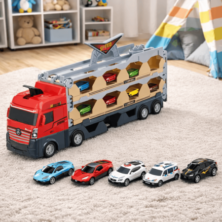 Jucării copii & bebe - Set Jucărie camion trailer pentru transport maşinuţe de curse, catapultare vehicule, platformă si pistă de curse