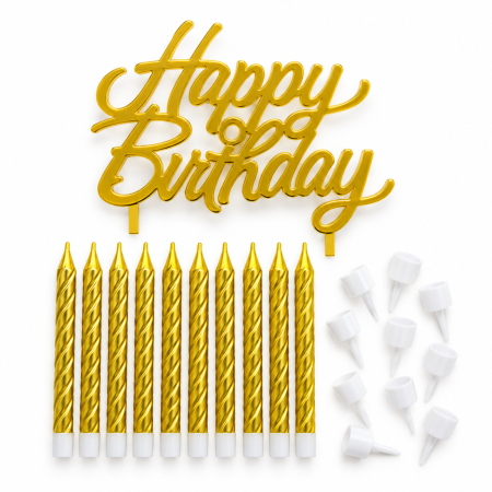 Hobby - Set lumânări aniversare aurii cu topper Happy Birthday – 10 lumânări + suporturi