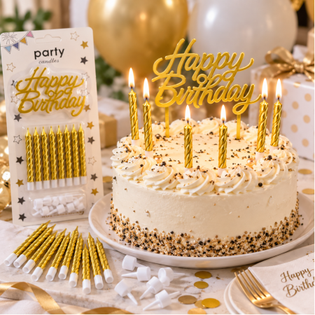 Set lumânări aniversare aurii cu topper Happy Birthday – 10 lumânări + suporturi [1]