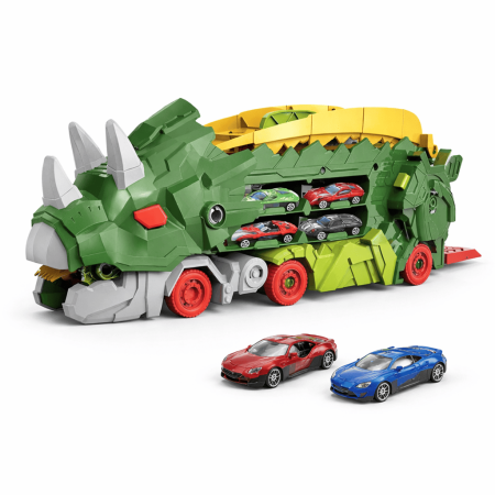 Jucării copii & bebe - Set multifuncţional dinozaur 2-in-1, camion de transport şi rampă de lansare cu 2 Maşinuţe