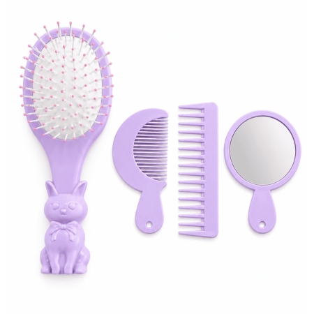 Ingrijire personală - Set perie păr copii Bunny Care 4 în 1, cu oglindă și piepteni, design iepuraș - Mov