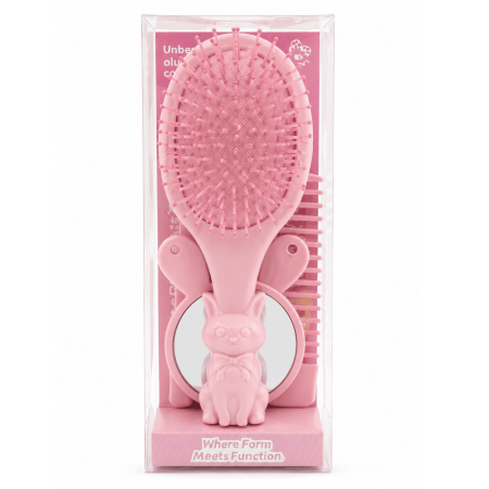 Set perie păr copii Bunny Care 4 în 1, cu oglindă și piepteni, design iepuraș - Roz [1]