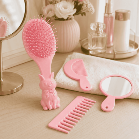 Set perie păr copii Bunny Care 4 în 1, cu oglindă și piepteni, design iepuraș - Roz [2]