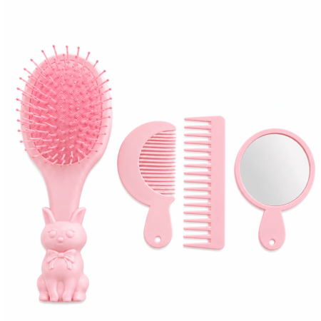 Ingrijire personală - Set perie păr copii Bunny Care 4 în 1, cu oglindă și piepteni, design iepuraș - Roz