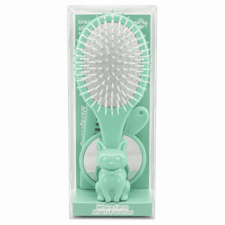 Set perie păr copii Bunny Care 4 în 1, cu oglindă și piepteni, design iepuraș - Verde [1]