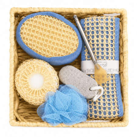 Ingrijire personală - Set spa pentru baie și îngrijire corporală, coș decorativ 7 piese - Bleu