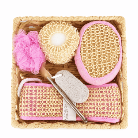 Ingrijire personală - Set spa pentru baie și îngrijire corporală, coș decorativ 7 piese - Roz