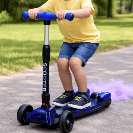 Trotinetă copii cu 3 roți, pliabilă și ajustabilă, cu lumini LED, sunete și efect de abur, Albastru [1]
