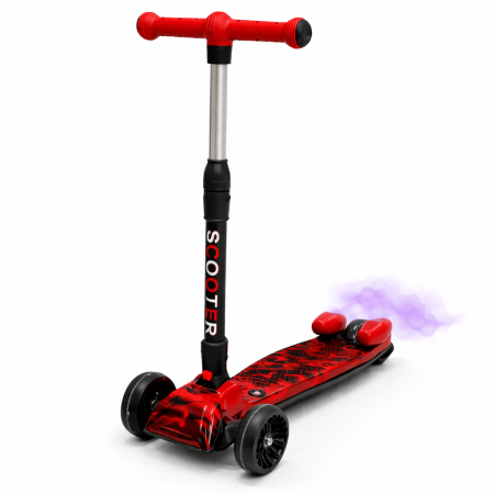 Jucării copii & bebe - Trotinetă copii cu 3 roți, pliabilă și ajustabilă, cu lumini LED, sunete și efect de abur, Roşu