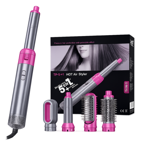 Accesorii cosmetice - Uscator de păr multifuncțional, model 5 în 1, roz/gri