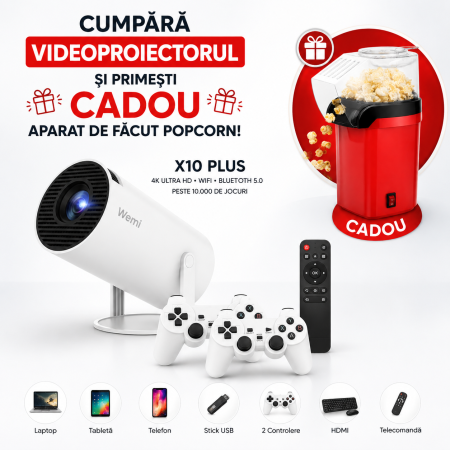 Gadgeturi & Sisteme de supraveghere - Videoproiector portabil, X10 Plus, 5000 lumeni, 4K Ultra HD, WiFi, Bluetooth 5.0, difuzor integrat, telecomandă, 10.000 jocuri incluse, rotație 180 grade, alb