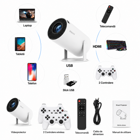 Videoproiector portabil, X10 Plus, 5000 lumeni, 4K Ultra HD, WiFi, Bluetooth 5.0, difuzor integrat, telecomandă, 10.000 jocuri incluse, rotație 180 grade, alb [2]