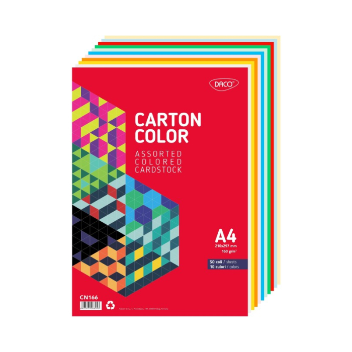 Carton colorat DACO A4, 160 g/mp, 50 coli, 10 culori – pentru proiecte creative, școală și birou [1]