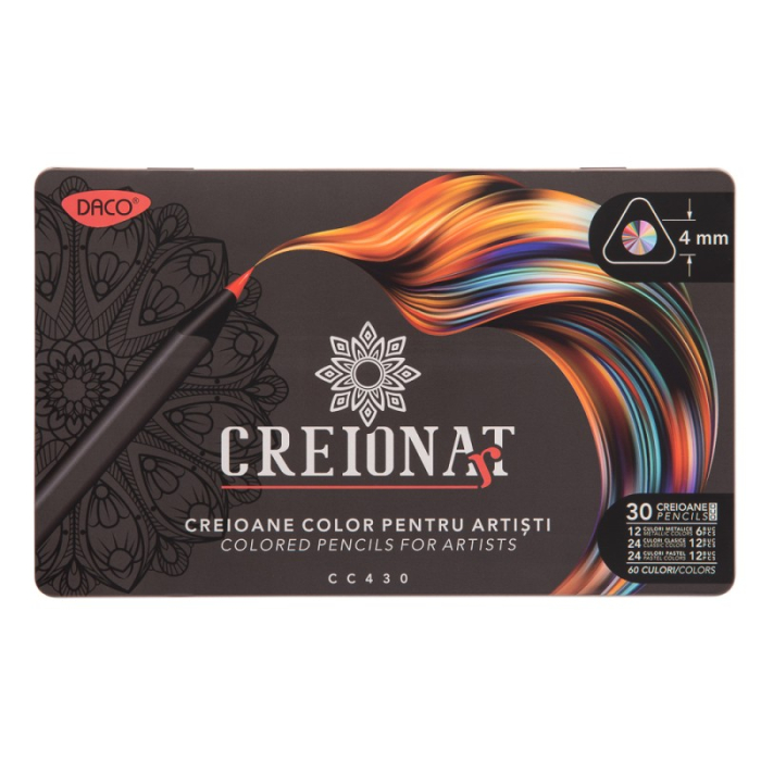 Creioane colorate bicolore DACO, 30 creioane / 60 culori, cutie metalică, cu ascuțitoare [1]