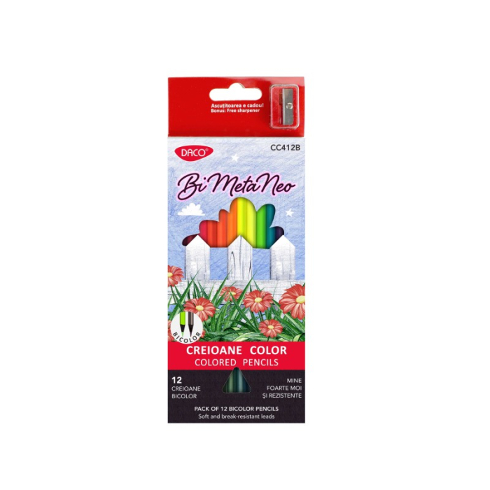 Creioane colorate bicolore DACO Bi Meta Neo, 12 creioane / 24 culori, neon și metalice, cu ascuțitoare [1]