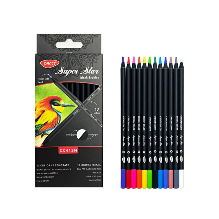 Creioane colorate DACO Black&White, 12 culori, pentru hârtie albă și neagră, cu ascuțitoare [1]