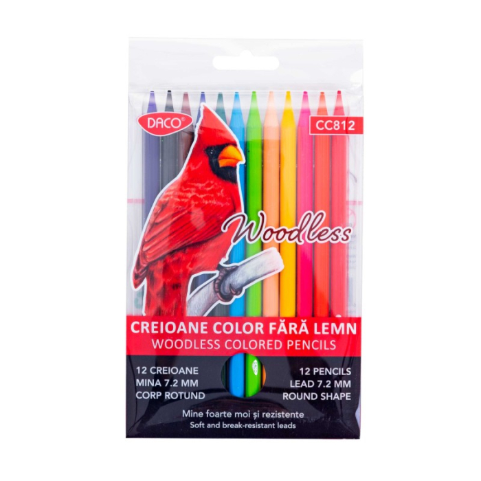Creioane colorate fără lemn DACO, 12 culori – mină groasă 7,2 mm, rezistente la rupere [1]