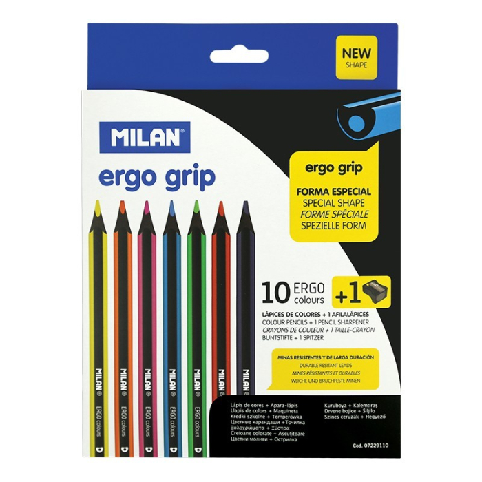 Creioane colorate MILAN Ergo Grip Maxi, 10 culori, cu ascuțitoare – ergonomice pentru copii [1]