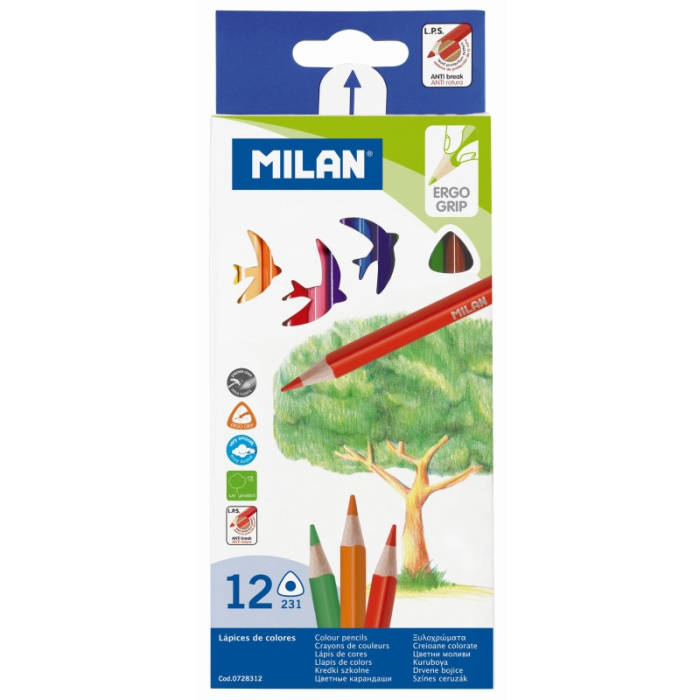 Creioane colorate triunghiulare Milan, 12 culori – ergonomice, mine rezistente la rupere [1]