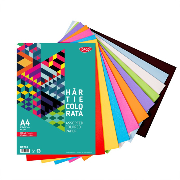 Hârtie colorată DACO A4, 80 g/mp, 100 coli, 10 culori – pentru școală, birou și proiecte creative [1]