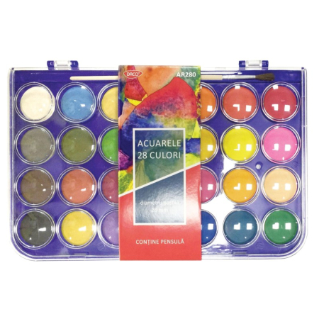 Pictura - Acuarele DACO 28 culori AR280 – set cu pensulă inclusă și pastile Ø28 mm
