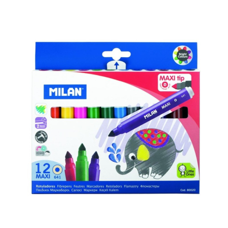 Instrumente Scris - Carioci MAXI MILAN 12 culori – vârf gros 7,5 mm, lavabile, pe bază de apă