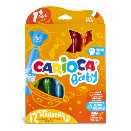 Instrumente Scris - Carioci Teddy Markers Baby CARIOCA 12 culori – ergonomice, superlavabile, pentru copii 1+ ani