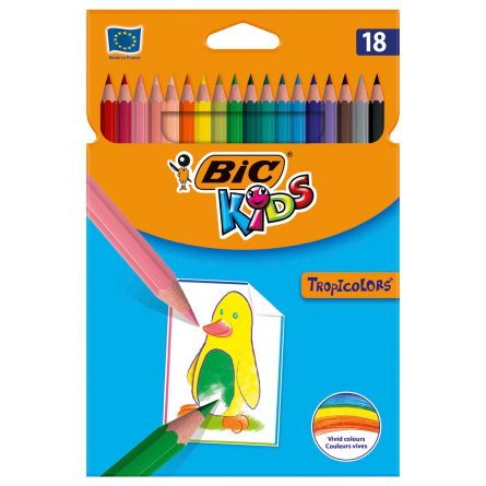 Instrumente Scris - Creioane Colorate BIC Tropicolors 18 Culori – Corp Fără Lemn, Mină Rezistentă, Culori Intense