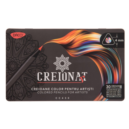 Instrumente Scris - Creioane colorate bicolore DACO, 30 creioane / 60 culori, cutie metalică, cu ascuțitoare