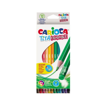 Instrumente Scris - Creioane colorate CARIOCA, 12 culori, cu radieră – corp hexagonal, mină rezistentă 3 mm