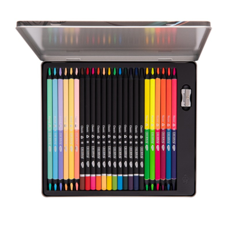 Instrumente Scris - Creioane colorate DACO CreionArt, 24 creioane (36 culori), cutie metalică – clasice, pastel și neon