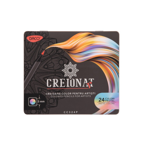 Instrumente Scris - Creioane colorate pastel DACO, 24 culori, cutie metalică, cu ascuțitoare – mină 3 mm  Meta descriere SEO