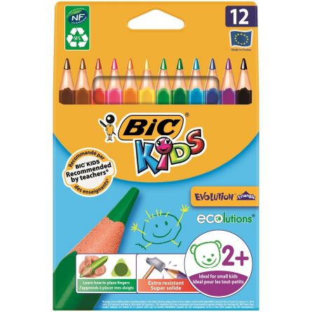 Instrumente Scris - Creioane Colorate Triunghiulare BIC Evolution 12 Culori – Ergonomice, Fără Lemn, Mină Groasă 4 mm