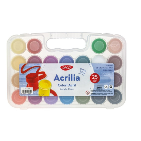 Pictura - Culori acrilice DACO Acrilia 25 culori x 20 ml – Set pentru pictură pe pânză, lemn, sticlă și hobby